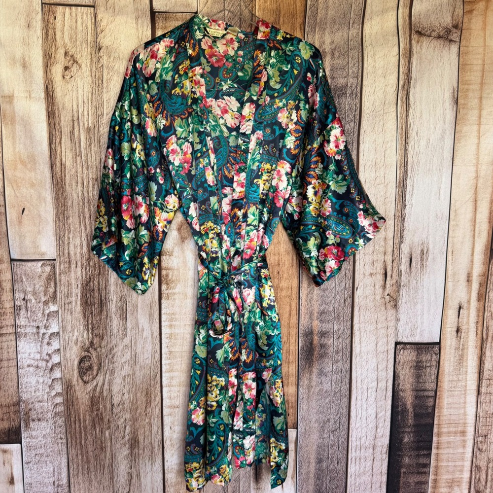 Victoria's Secret Vintage 90s Satin Floral Kimono Robe Romantic Midi One Size